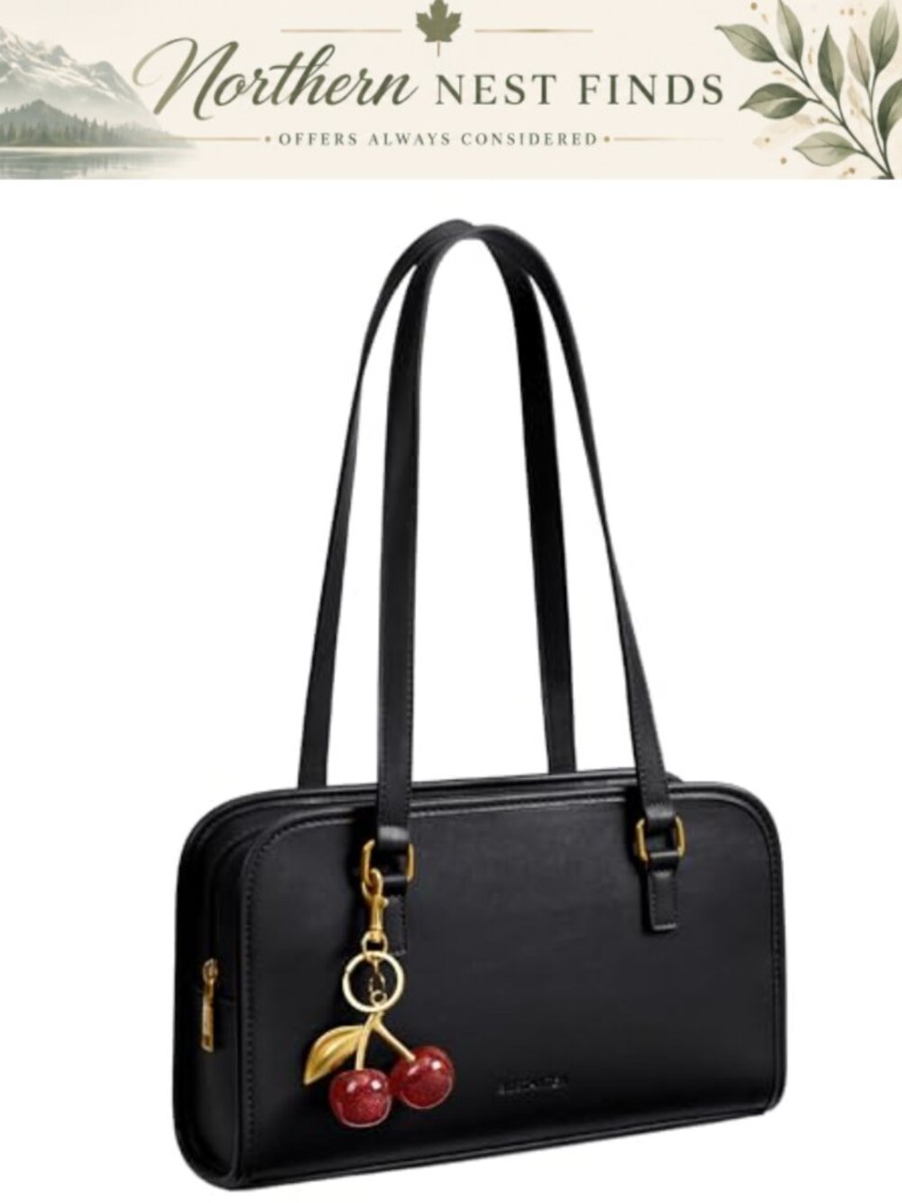 Vegan Leather Medium Shoulder Bag Satchel with Cherry Charm Zip Work Purse